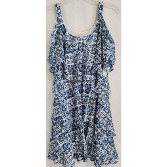Signature by Robbie Bee Tiered White Blue Cold Shoulder Sheath Dress Women's 8 - Picture 2 of 7